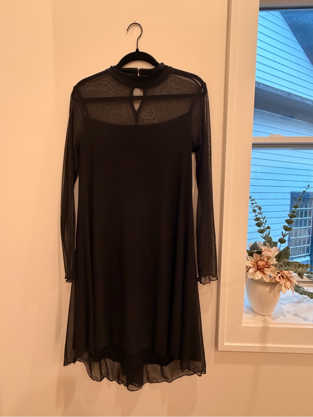 MARINA Black Long Sleeve Mesh Yoke Dress